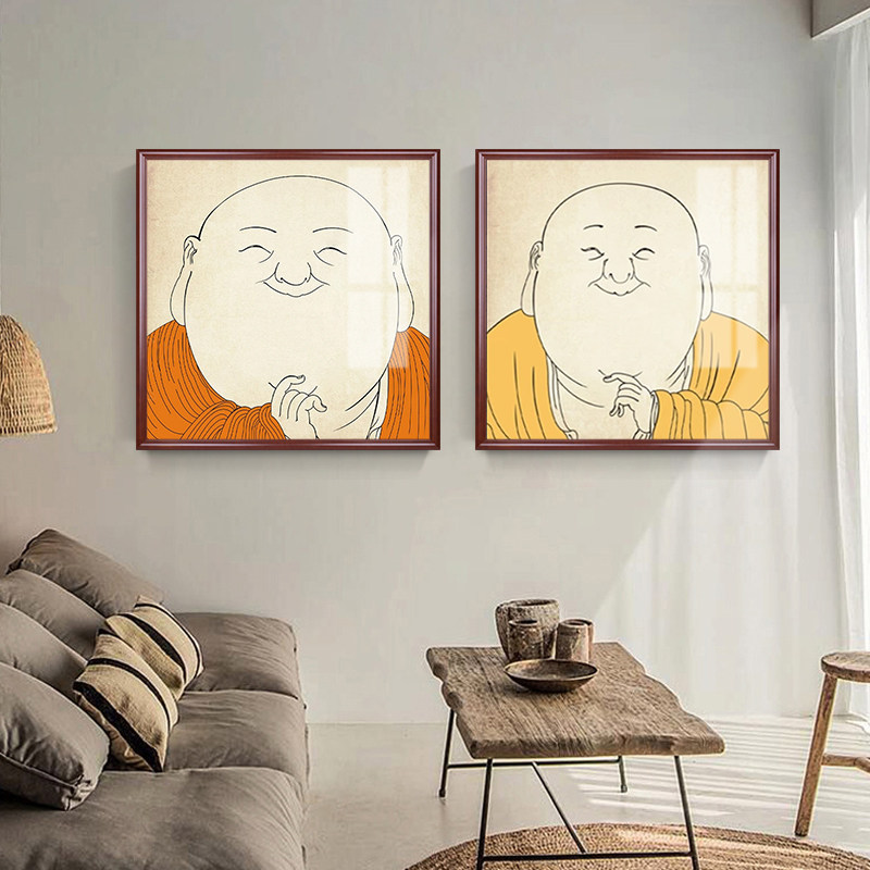 弥勒佛画像搞笑挂画新中式茶室书房禅意装饰画玄关墙面客厅壁画