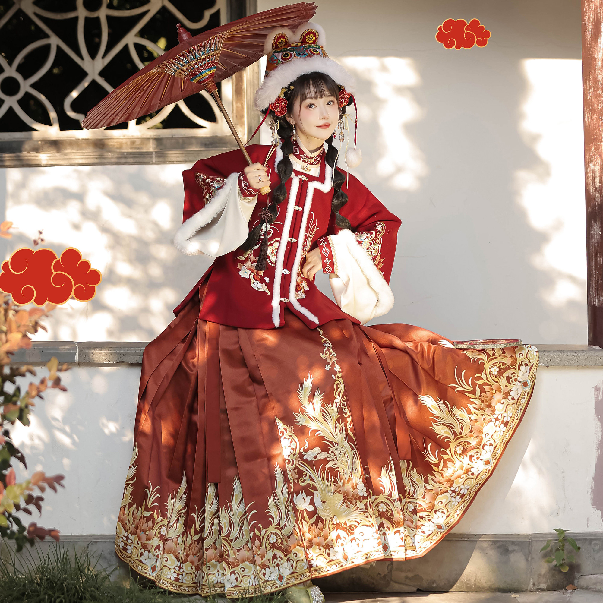 素羽华裳岁岁年年 新年款汉服女明制方领披袄马面裙加厚秋冬套装