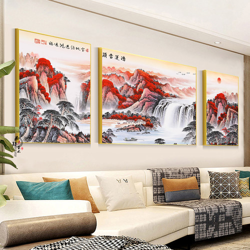 客厅装饰画鸿运当头新中式挂画招财沙发背景墙壁画简约晶瓷画三联