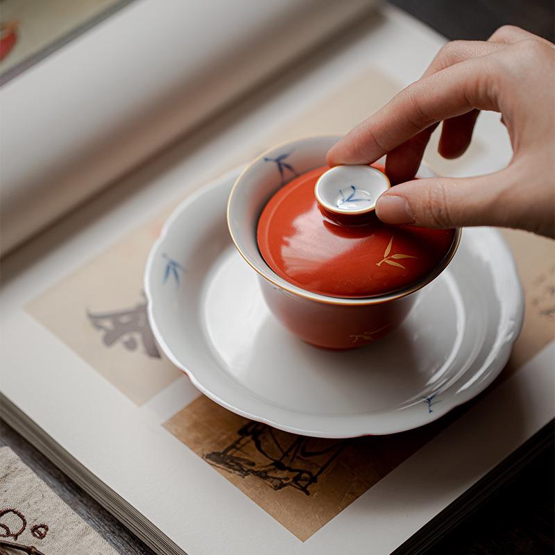 珊瑚红描金竹子盖碗 婚礼敬茶碗 红色壶承纯手绘功夫茶具不烫手