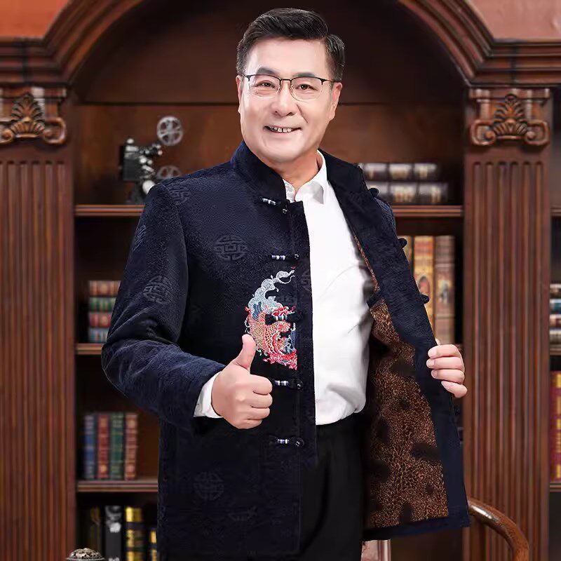 老人男士唐装外套秋冬款情侣装爷爷奶奶加绒加厚红色生日过寿棉衣