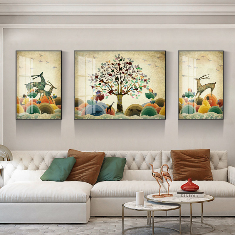 美式客厅三联装饰画沙发背景墙样板墙壁画麋鹿发财树富贵吉祥挂画
