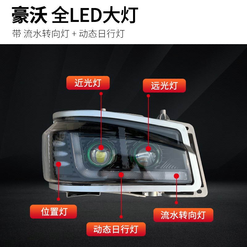适配重汽豪沃380大灯总成LED改装双透镜豪沃336 超亮日行灯流水灯