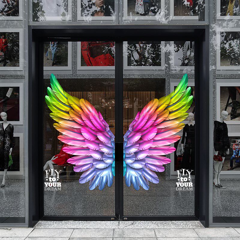 炫酷彩色翅膀羽毛贴画咖啡店服装店商场玻璃门贴纸静电装饰贴膜