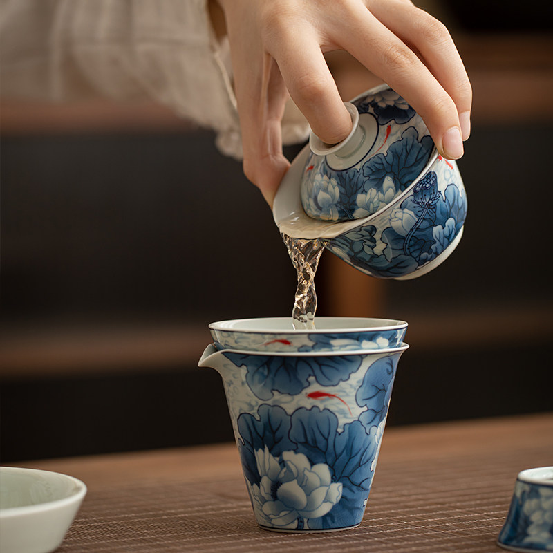 晨翔青花瓷釉里红三才盖碗茶杯单个高档陶瓷茶碗手工茶具防烫泡茶