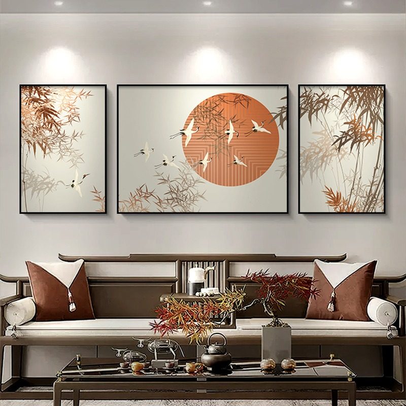 竹子新中式客厅竹报平安装饰画三联画沙发背景墙挂画寓意壁画中式