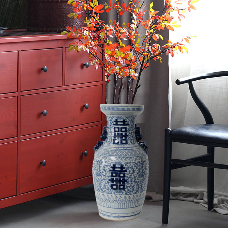 手绘喜字陶瓷花器青花瓷中式家居客厅大花瓶富贵竹插花装饰品摆件