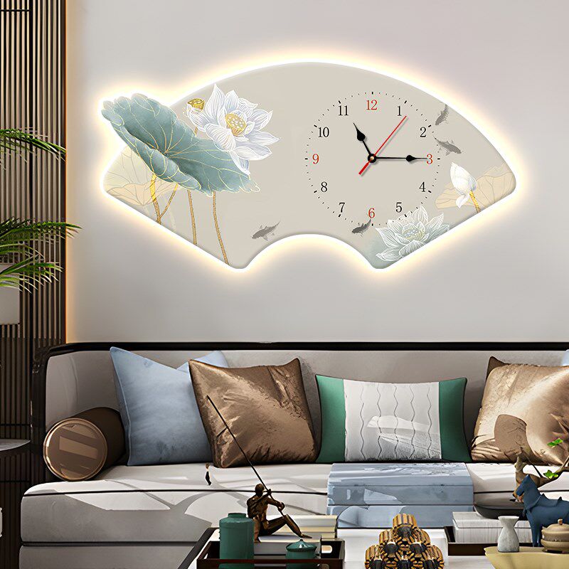 新中式餐厅荷花晶瓷壁画带LED灯与钟表 可客制金线荷花画 客厅玄