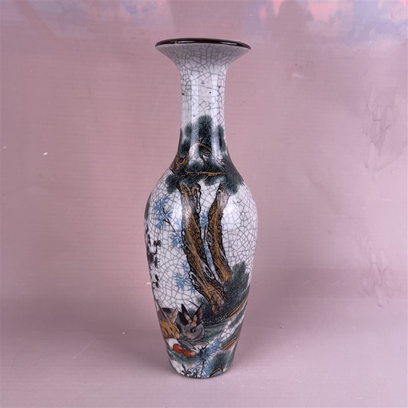 大清乾隆年制粉彩玉兔吃草图花瓶 仿古瓷器收藏摆件 家居喜庆装饰