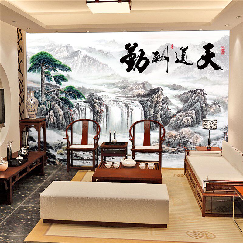 3D立体墙贴壁画贴纸壁纸自粘墙纸山水年画中式国画客厅办公室背景