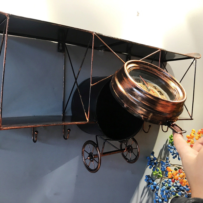 北欧风铁艺个性飞机造型壁挂客厅咖啡厅置物架壁饰挂钟创意装饰