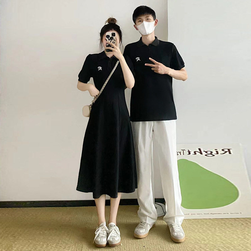 2026新款情侣装法式polo中长款修身连衣长裙男短袖T恤衫高品