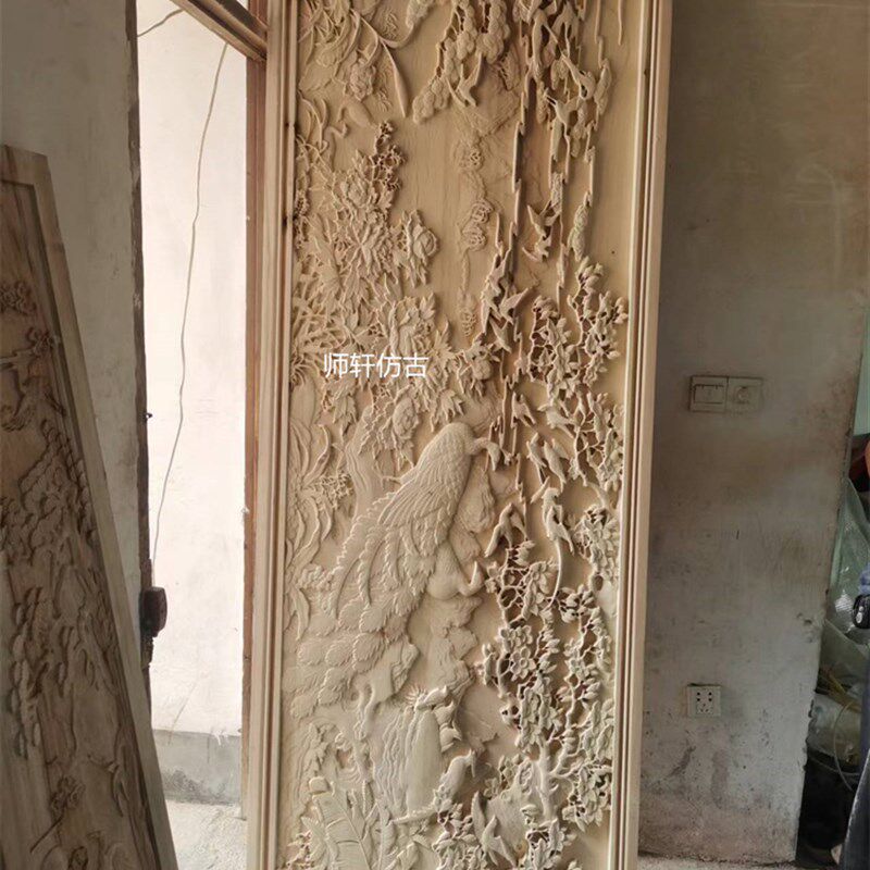 东阳木雕迎客松百鸟朝凤雕花板手工挂屏客背景墙隔断中式实木定制