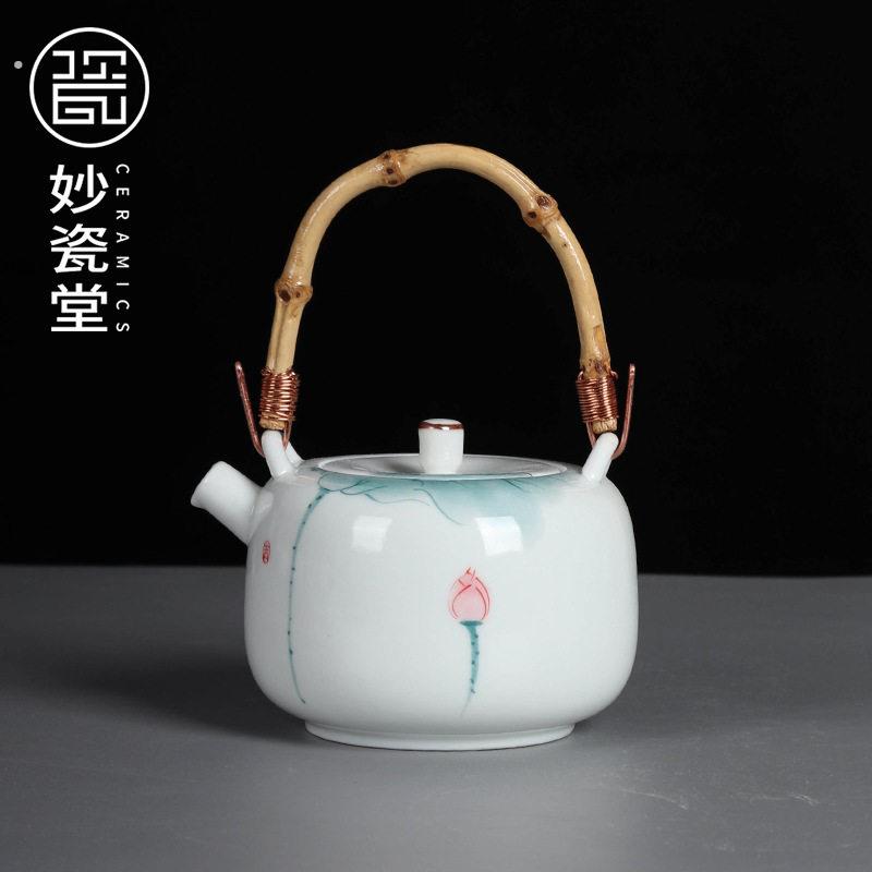 手绘茶壶提梁壶功夫茶具小号陶瓷壶彷古办公家用日式泡茶壶