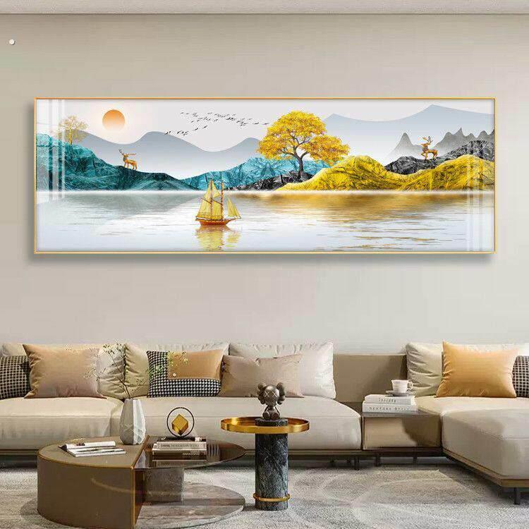横版新中式沙发背景墙挂画挂画轻奢立体镶钻画客厅装饰画大气山水