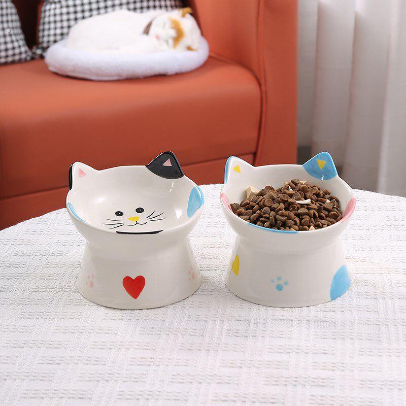 宠物碗陶瓷高脚猫碗护颈防打翻斜口饮水碗猫狗喝水吃饭扁脸猫食盆