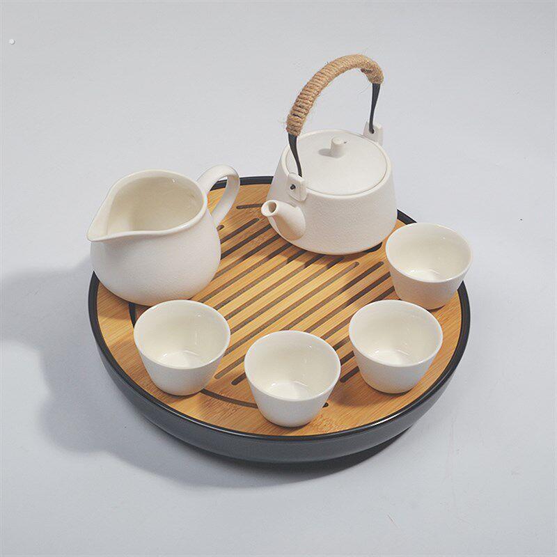 整套茶具套装提梁壶家用简约办公茶壶茶杯一壶两四杯圆形蓄水茶台