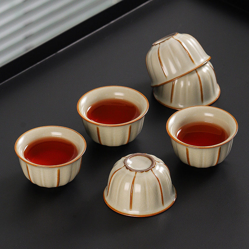 米黄汝窑茶杯茶盏功夫茶具家用陶瓷普洱茶杯品茗杯开片小茶碗套装