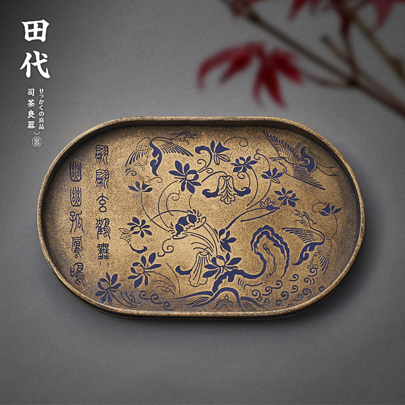 纯黄铜手工茶盘 壶承功夫茶道家用干泡台仿古茶具茶海壶承小茶台