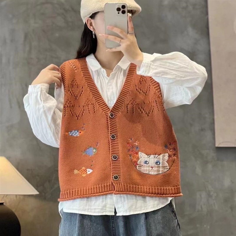 V领无袖马甲宽松背心2025春秋新款洋气棉线针织小清新开衫外套女