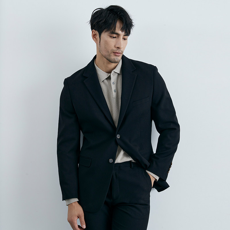 新品 高级肌理条纹设计 男士休闲两粒单排扣西装上衣黑色西服套装