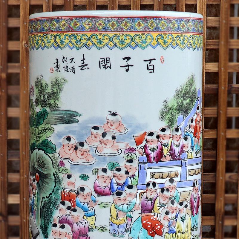 景德镇陶瓷手绘粉彩瓷百子图花瓶直筒客厅书房酒店家居饰品摆饰
