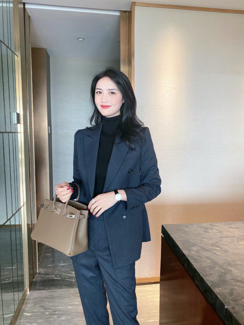 秋冬季新款灰蓝色双排扣修身西装套装女