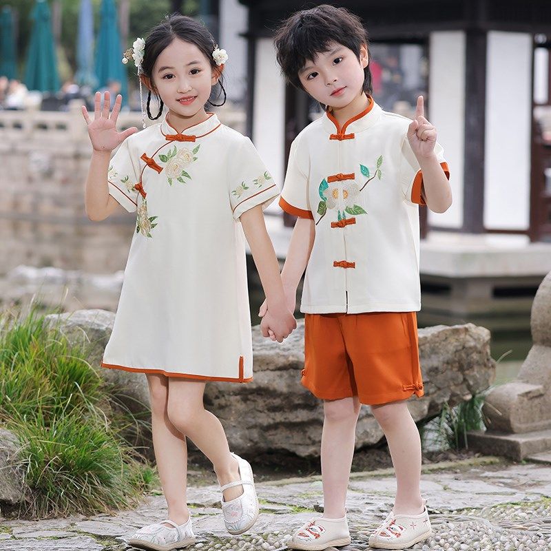 幼儿园园服六一演出服儿童夏装男童中国风汉服女童旗袍表演朗诵服