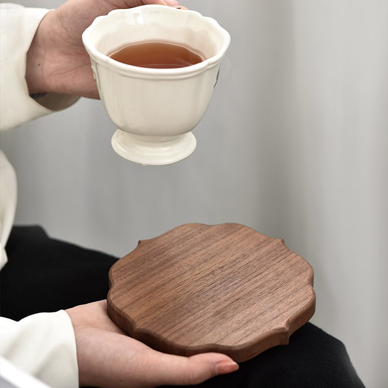 黑胡桃木莲花茶托杯垫玻璃咖啡杯子隔热垫耐热防烫实木茶垫底座