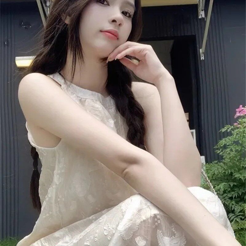 甜美雪纺挂脖连衣裙仙女春秋海边度假裙子气质高级感露肩无袖长裙