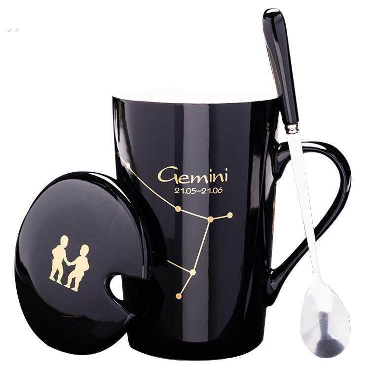 创意新款情侣马克杯简约十二星座陶瓷带盖带勺子茶杯办公室咖啡杯
