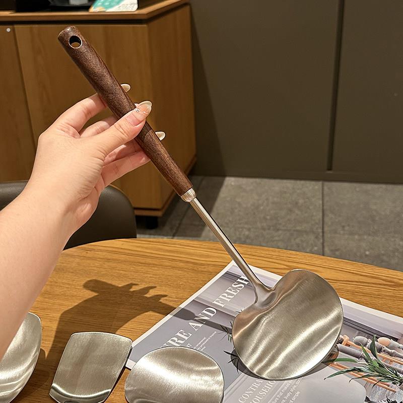 304不锈钢胡桃木蘑菇铲家用小号不沾锅专用铁铲炒勺迷你炒菜铲子