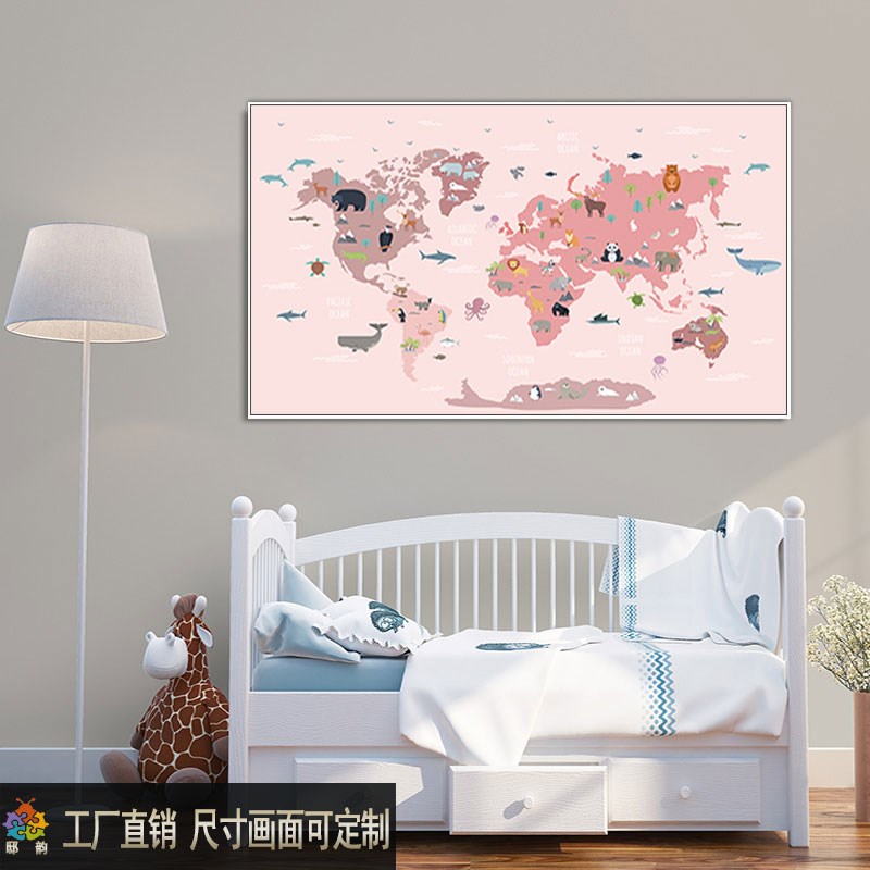儿童房背景墙挂画男孩卧室床头上墙面壁画女孩房间卡通地图装饰画
