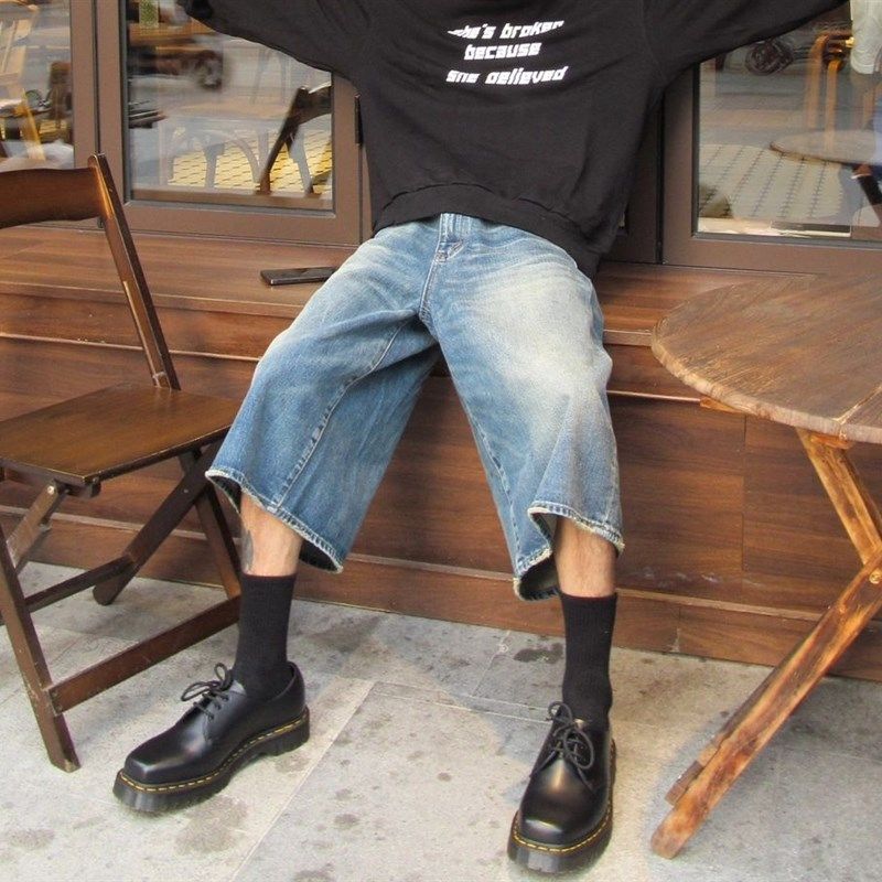 牛仔短裤宽松大阔腿裤子男款直筒美式七分裤夏季薄款水洗做旧百搭