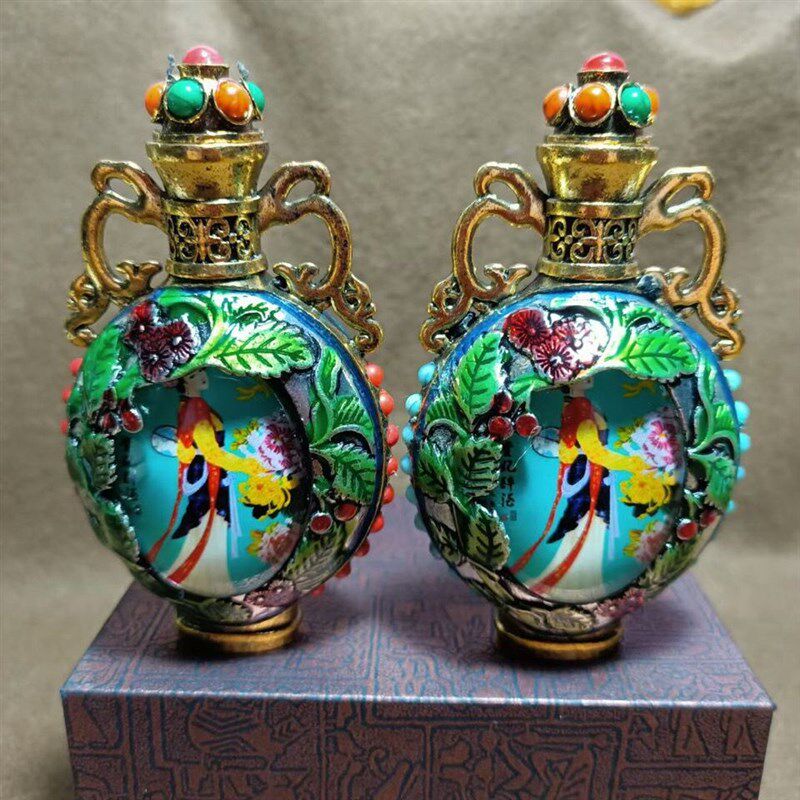 古玩收藏品双面纯铜镶嵌宝石夜光石鼻烟壶贵妃醉酒烟具内画鼻烟壶