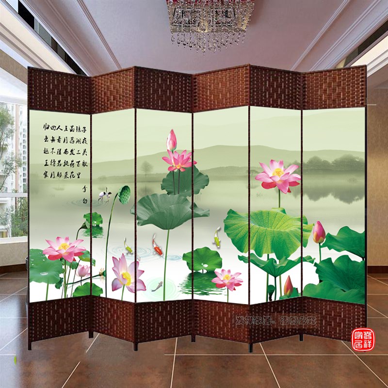 藤编布艺屏风隔断折叠酒店养生茶馆客厅办公实木玄关中式折屏座屏