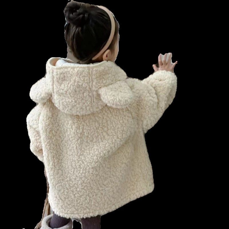 女童加绒外套秋冬2023新款小童连帽长款加厚洋气女宝宝保暖毛毛衣
