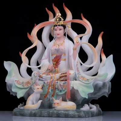 康盛新款九尾狐娘娘像汉白玉九姑娘红衣白衣青丘涂山女狐家用摆件