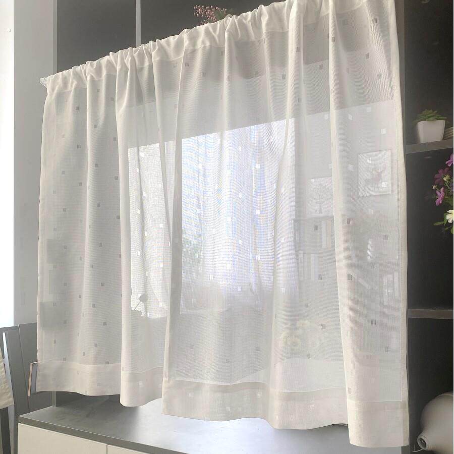 白色小格子成品小窗帘 卫生间隔热帘透光不透人半帘厨房帘免打孔