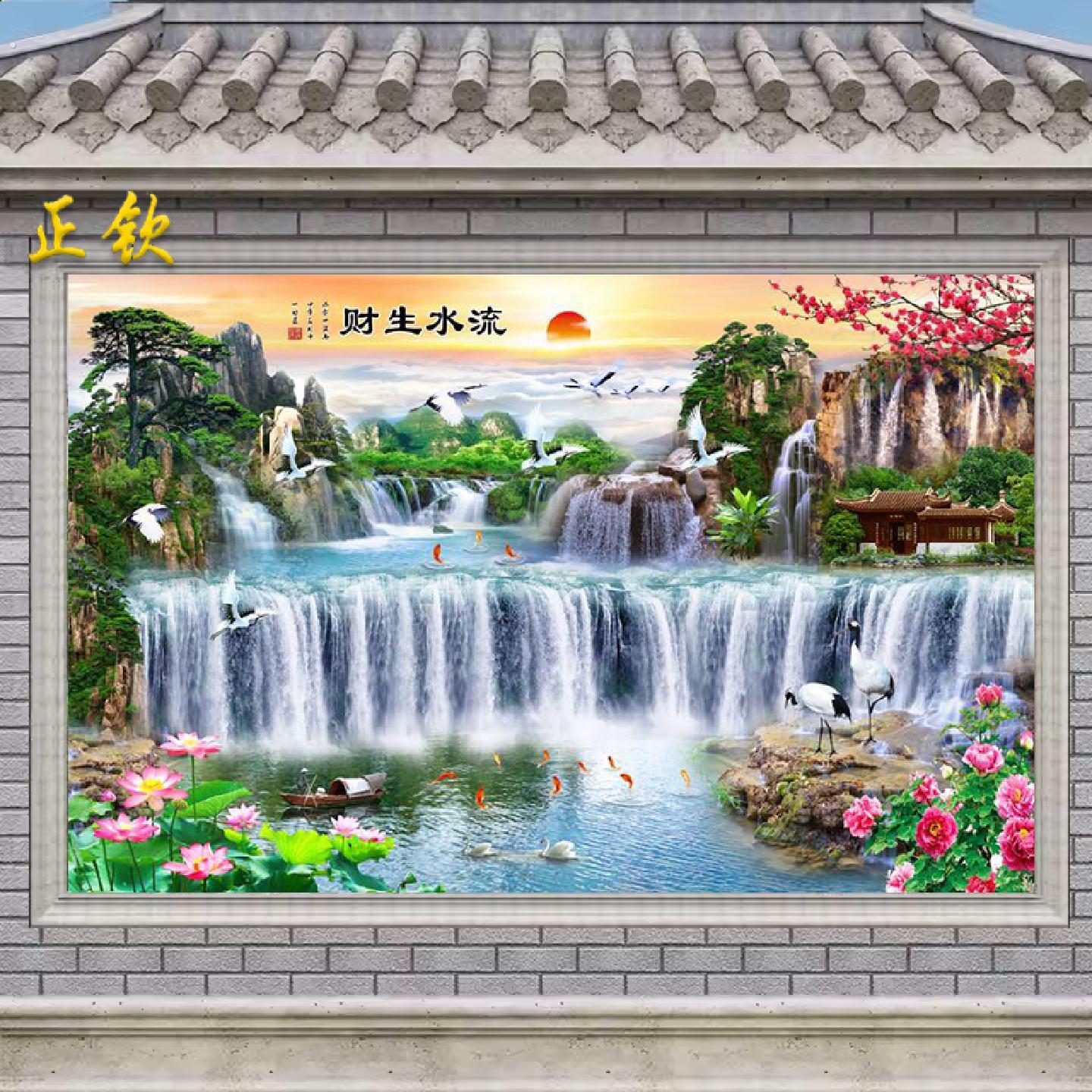 中式山水画瓷砖背景墙庭院影壁墙农村室外迎门墙照壁墙砖流水生财