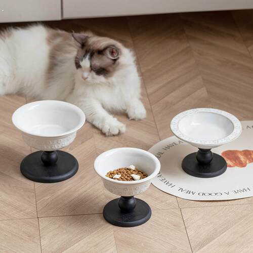 芝小麻中古风陶瓷猫碗高脚碗架保护颈椎猫粮碗水碗小型犬狗狗食盆