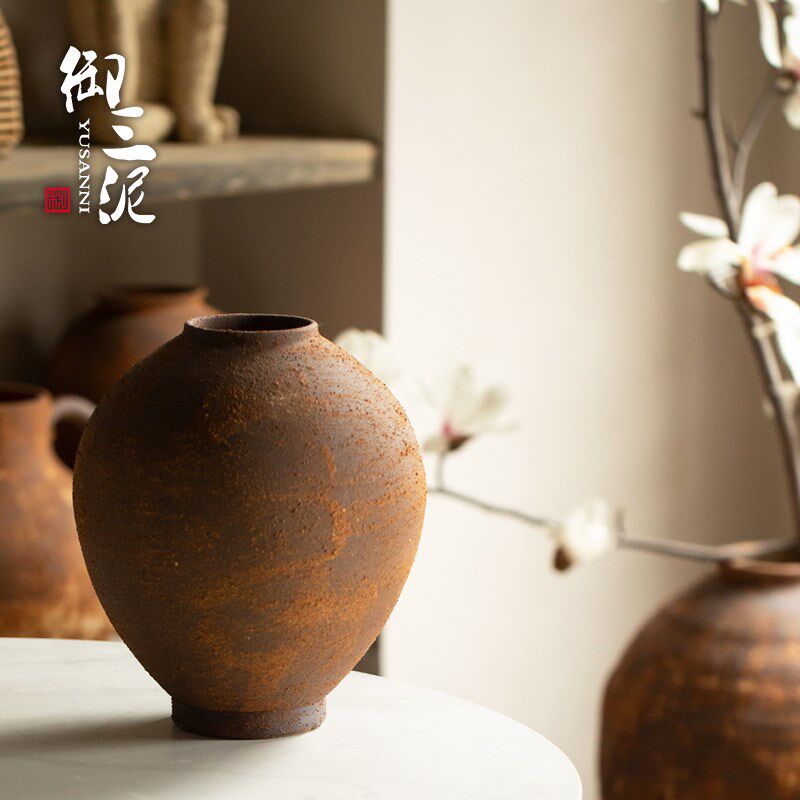 御三泥复古红砖粗陶花盆家居装饰花瓶干花插花装饰侘寂风陶罐
