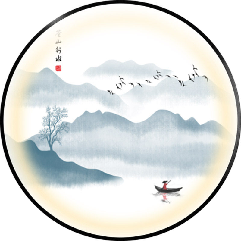 新中式山水大气圆形带灯发光装饰画客厅书房玄关晶瓷画背景墙挂画