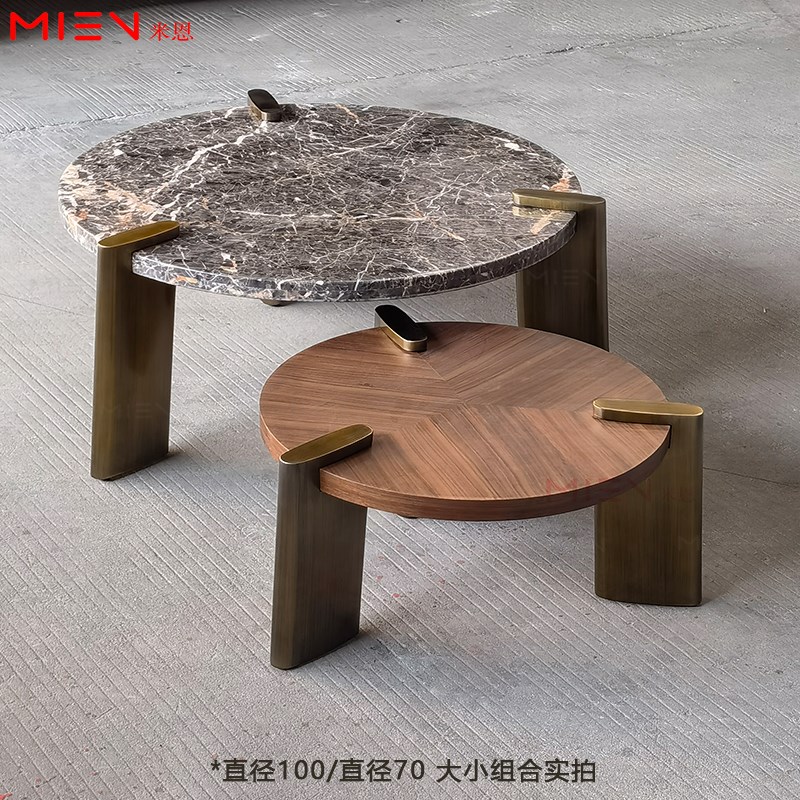轻奢客厅圆形大理石大小组合茶几胡桃木面子母高低三只脚高脚茶桌