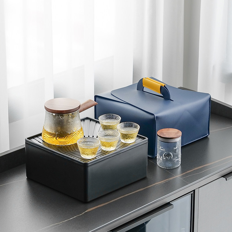 便携式泡茶玻璃旅行茶具 套装车载一壶四杯 野外露营装备茶杯耐热