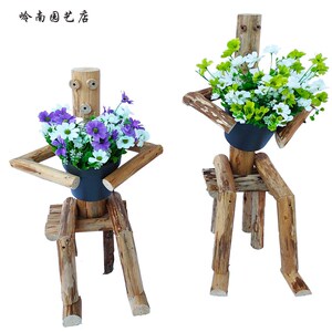 创意抱花木头人系列关节木偶道具幼儿园橱窗服装店原木装饰工艺礼