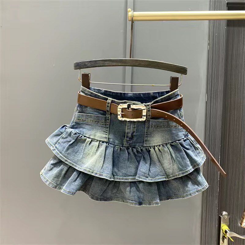 欧美女童牛仔短裙儿童荷叶边防走光蛋糕裙小女孩松紧高腰A字裙潮