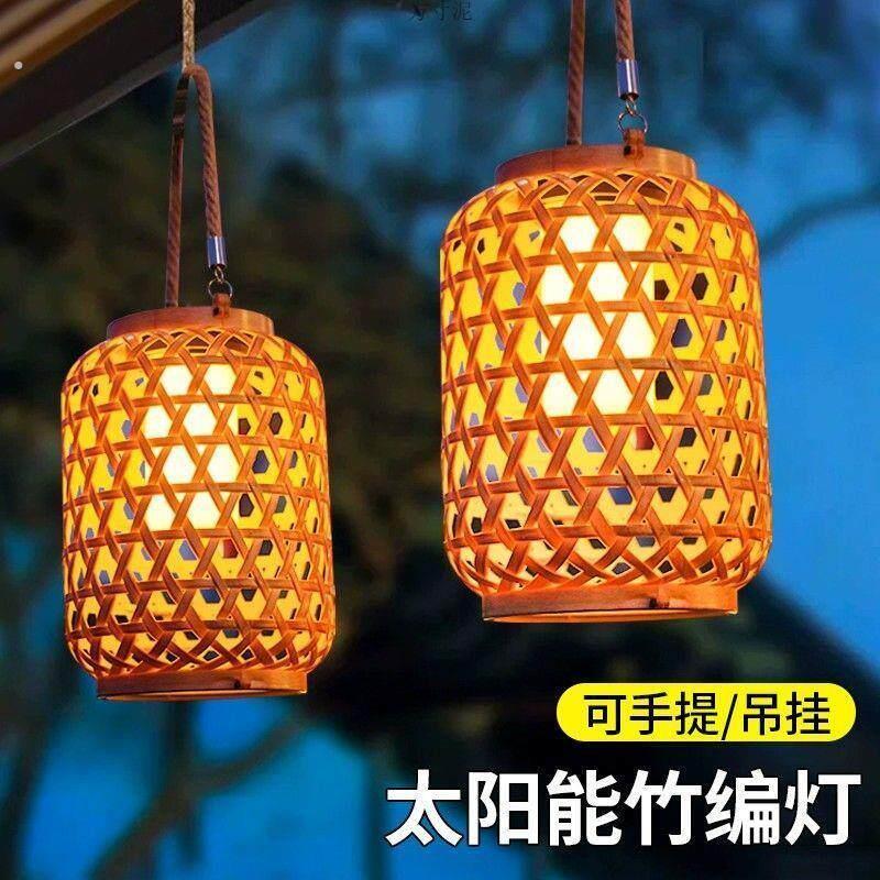 太阳能灯笼新款复古太阳能手提挂灯仿竹编灯笼庭院户外防水景观灯