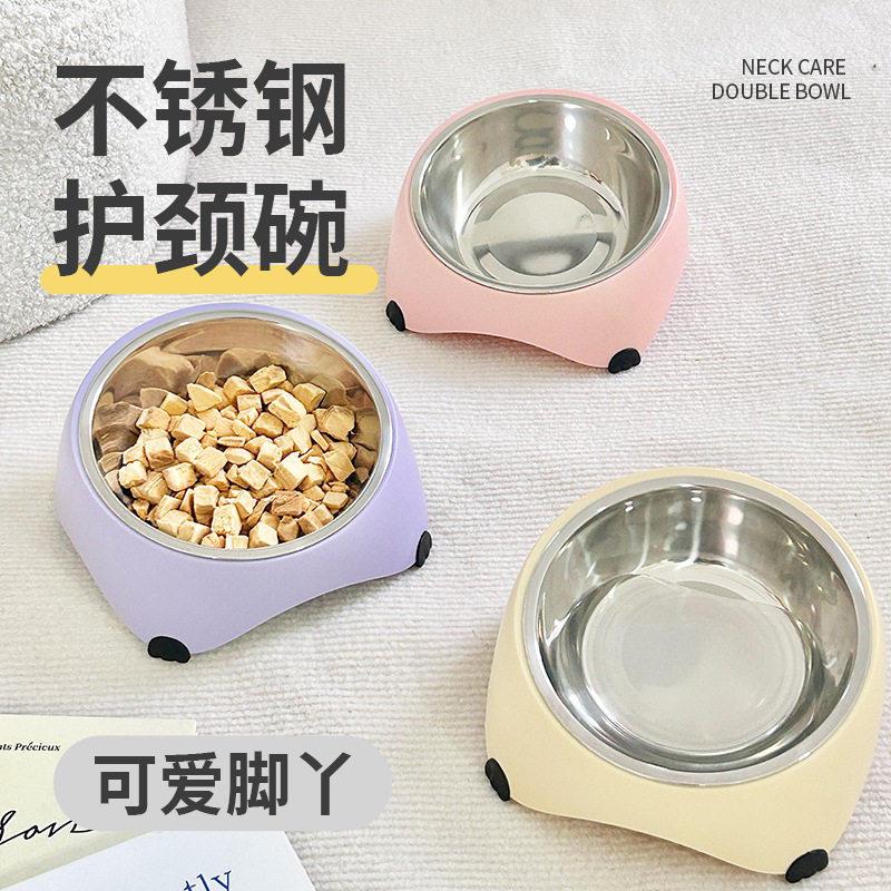 新款可爱猫碗宠物喝水吃食盆保护颈椎防打翻单碗不锈钢防黑下巴喂
