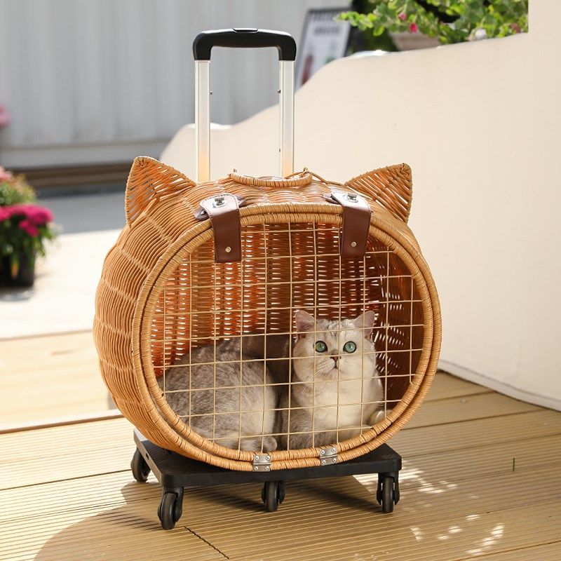 猫包拉杆箱大空间外出猫咪小推车藤编透气高档猫咪背包安全溜猫箱
